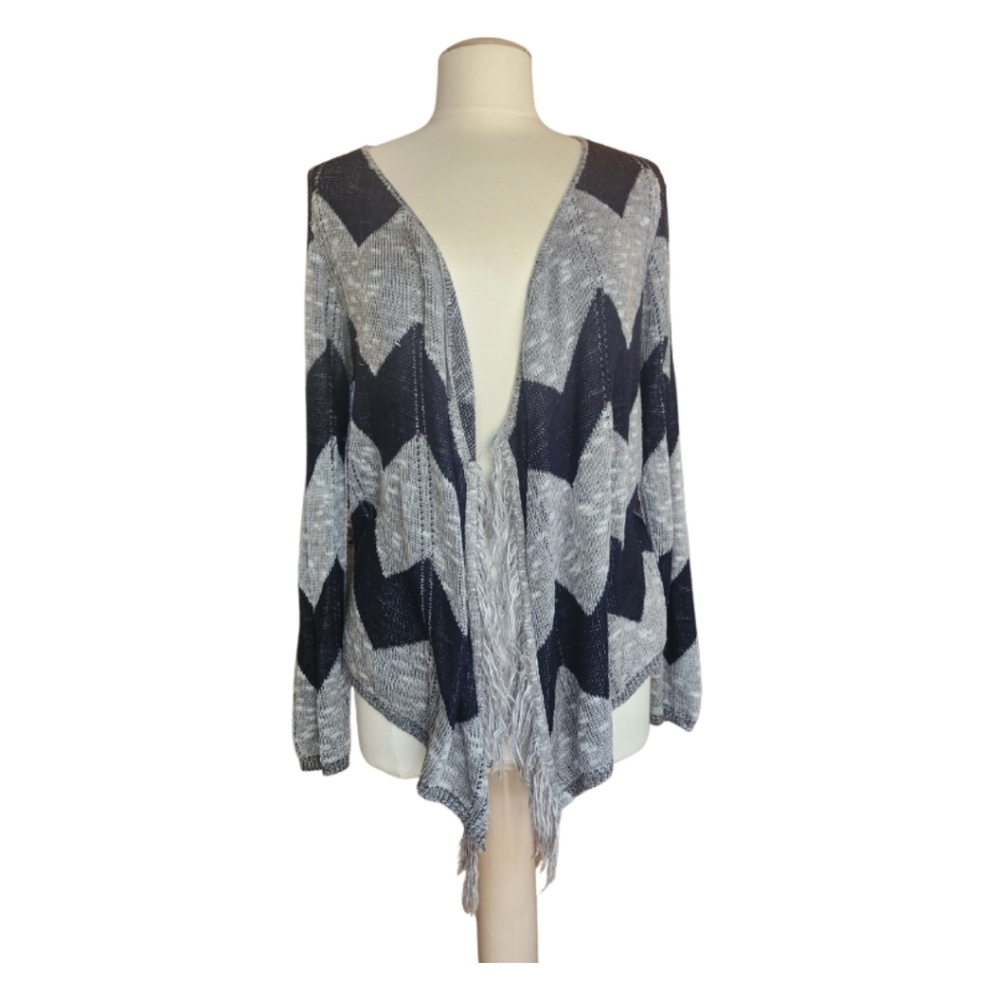 Vanity Fringe Chevron Blue and Gray Open Cardigan